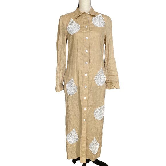 ZARA Tan and White Beaded Linen Collared Maxi Dress Size Small - Picture 3 of 12